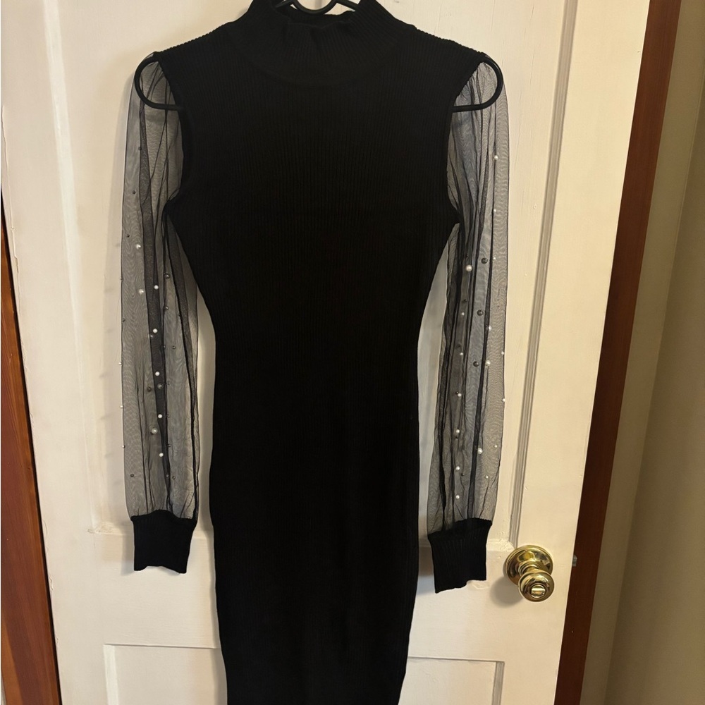Almost Famous Black Dress with Sheer Pearl Embellished Sleeves